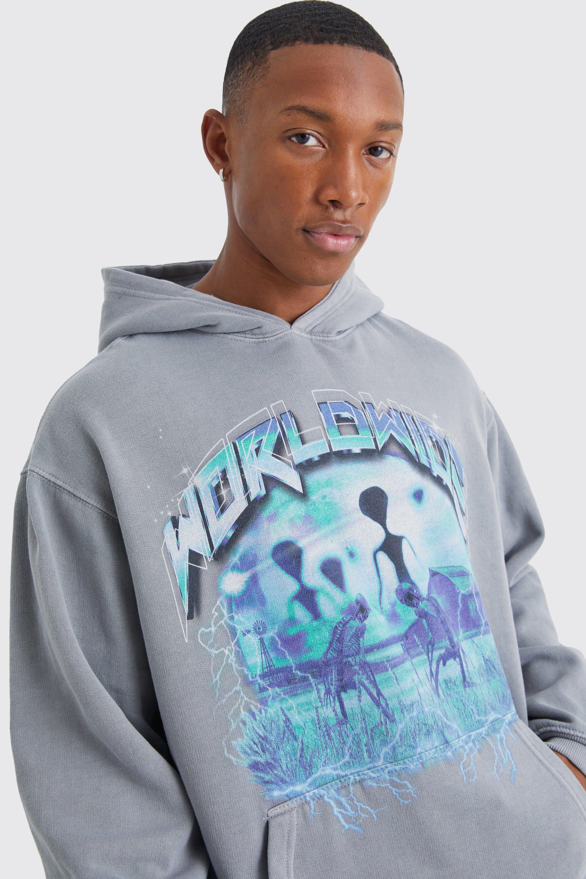 Mens Grey Oversized Overdye Alien Hoodie, Grey